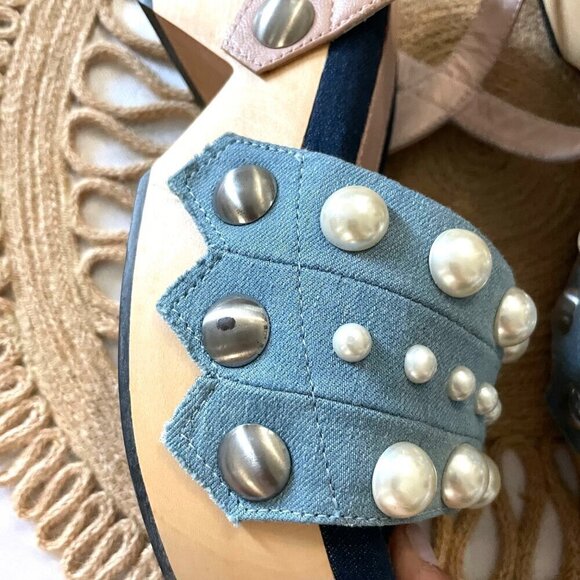 NWOT Clone Pink Pearl Detail Blue Denim Wooden Clog Sandals Size EU 37 - Picture 5 of 12